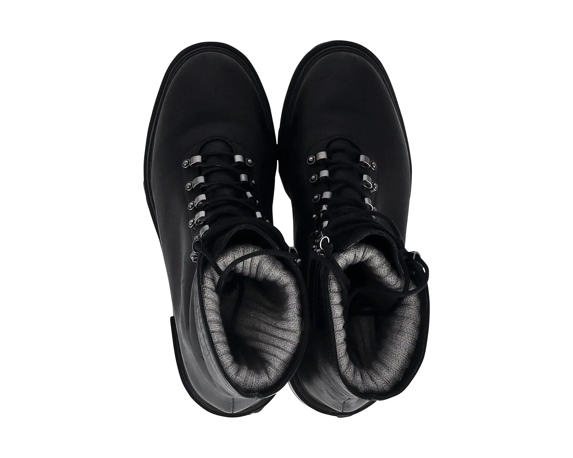 Porte & Paire Ribbed-Knit Trimmed Combat Boots in Black Leather