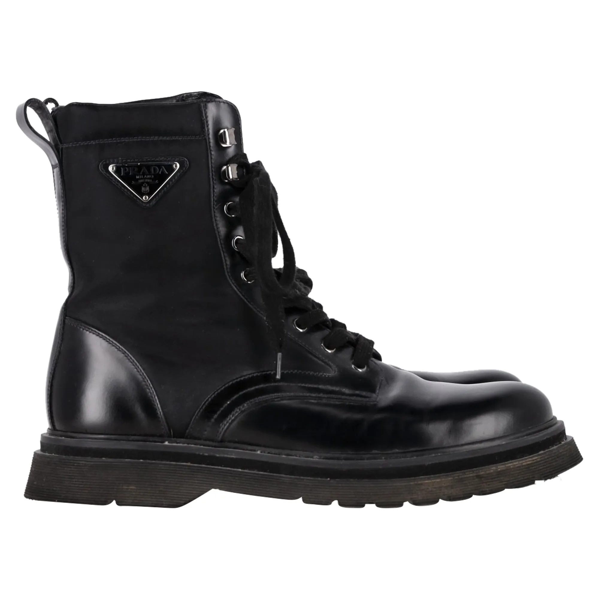 Prada Logo Plaque Combat Boots in Black Leather and Nylon