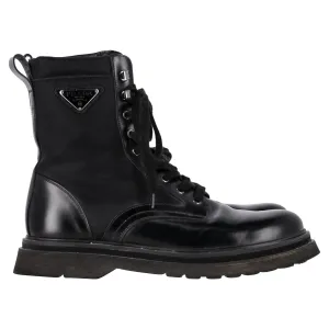 Prada Logo Plaque Combat Boots in Black Leather and Nylon