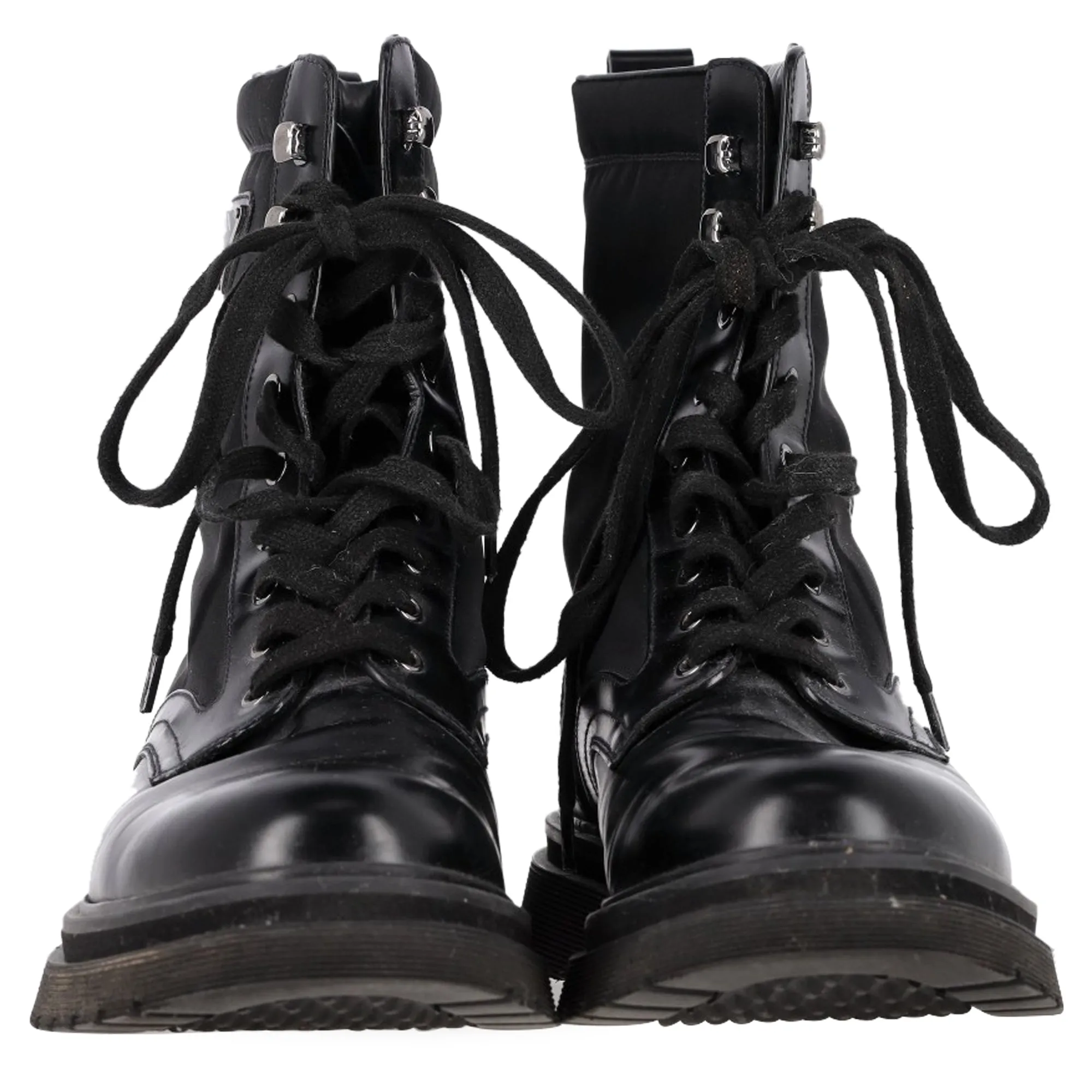 Prada Logo Plaque Combat Boots in Black Leather and Nylon
