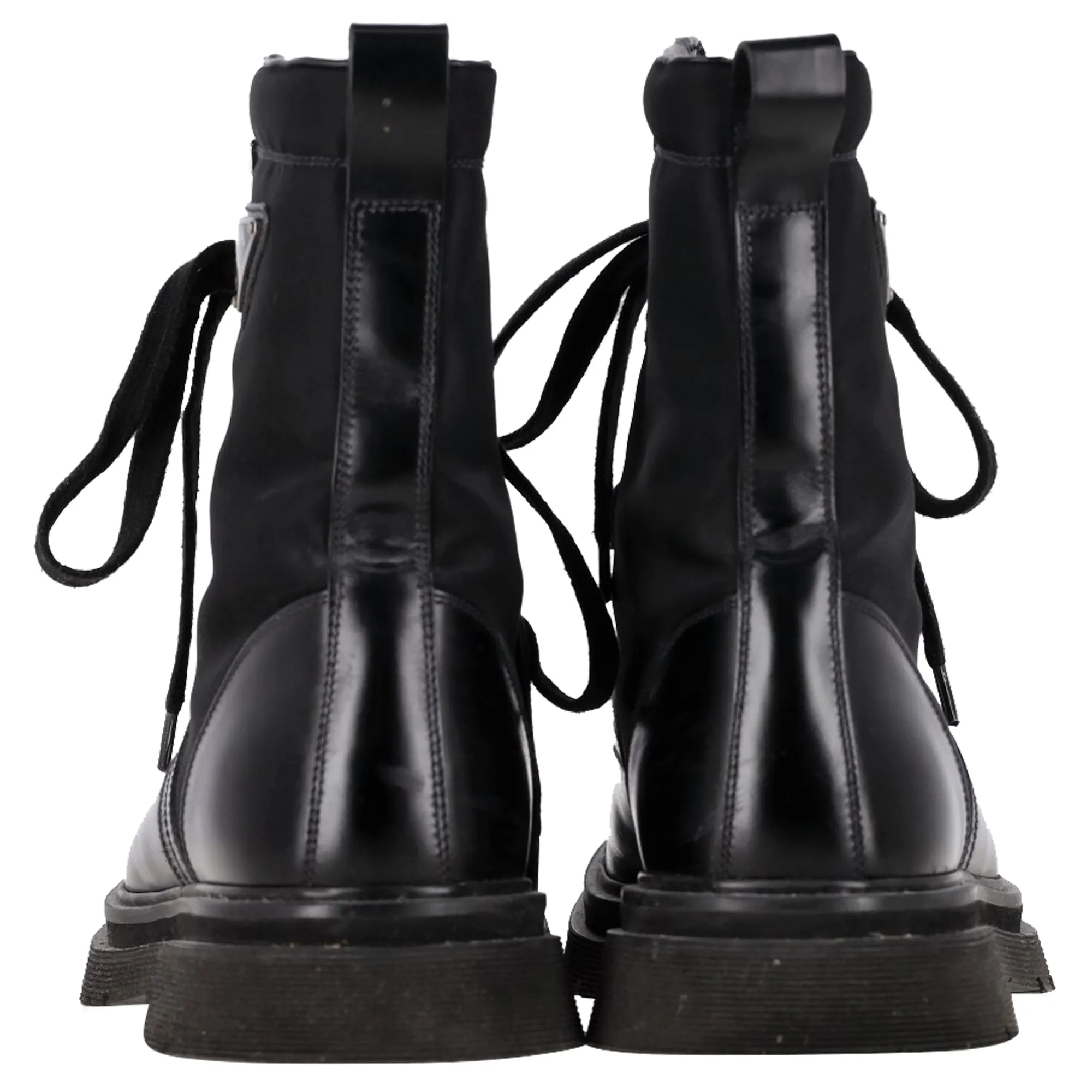 Prada Logo Plaque Combat Boots in Black Leather and Nylon