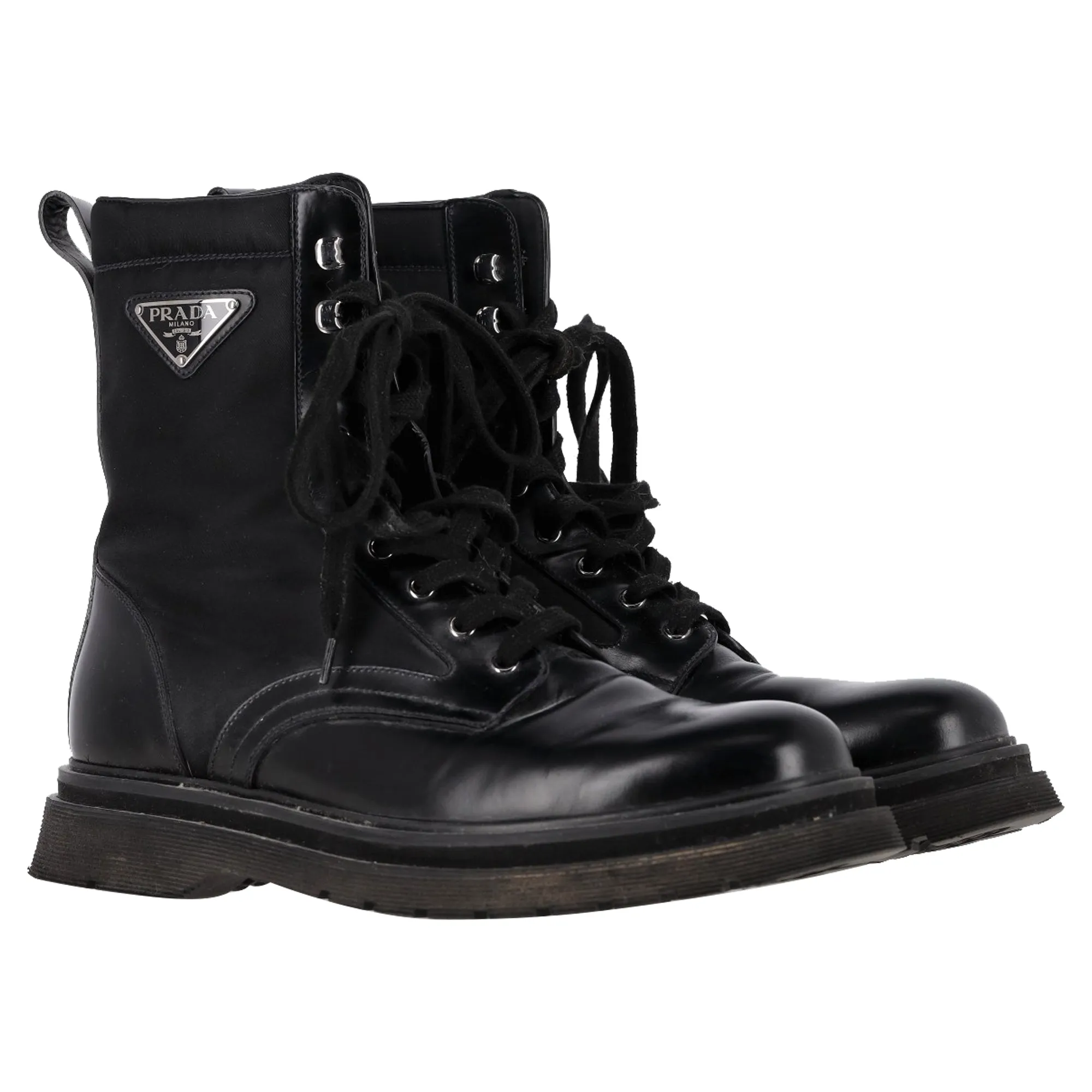 Prada Logo Plaque Combat Boots in Black Leather and Nylon