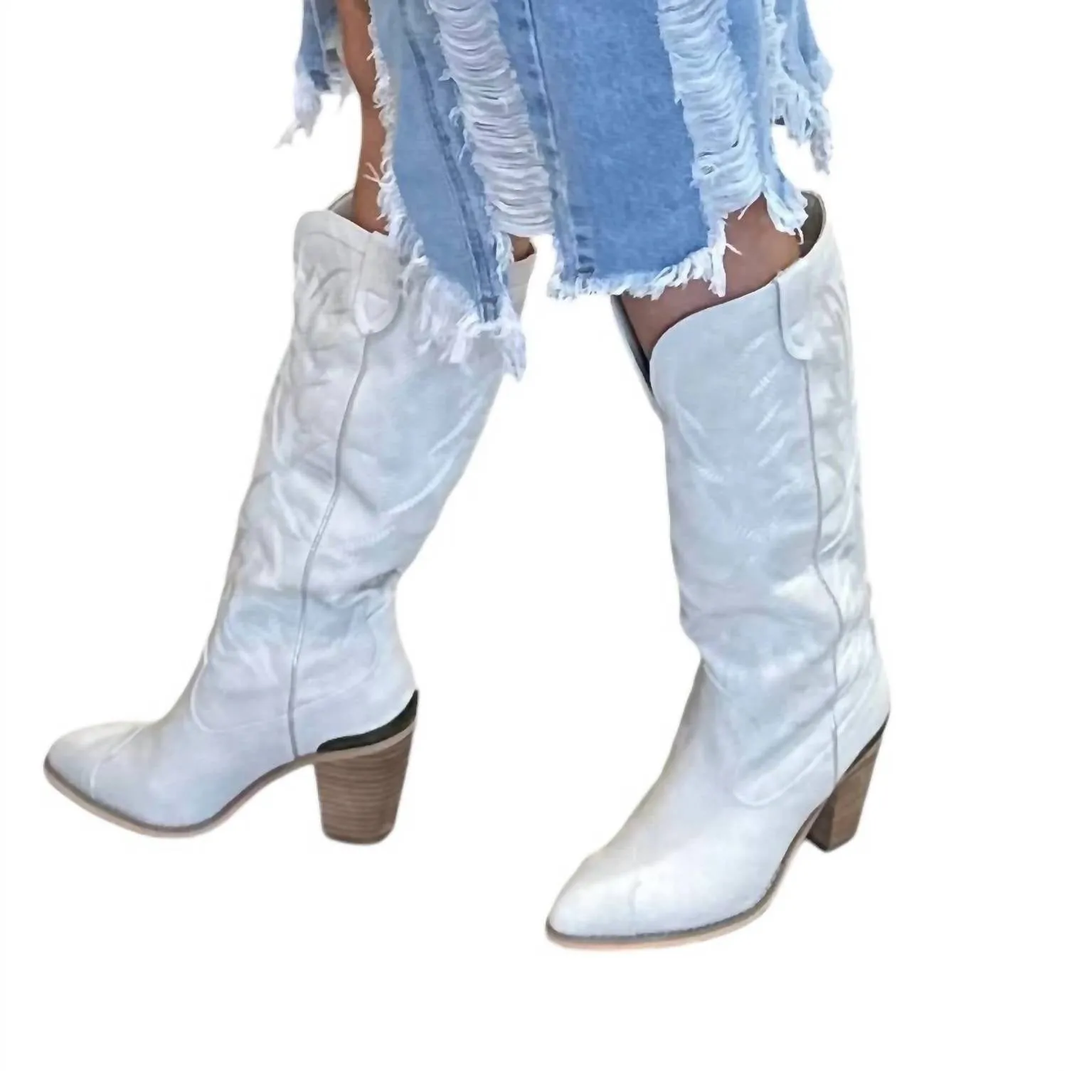 Prestone Faux Leather Embroidered Boots In Off White