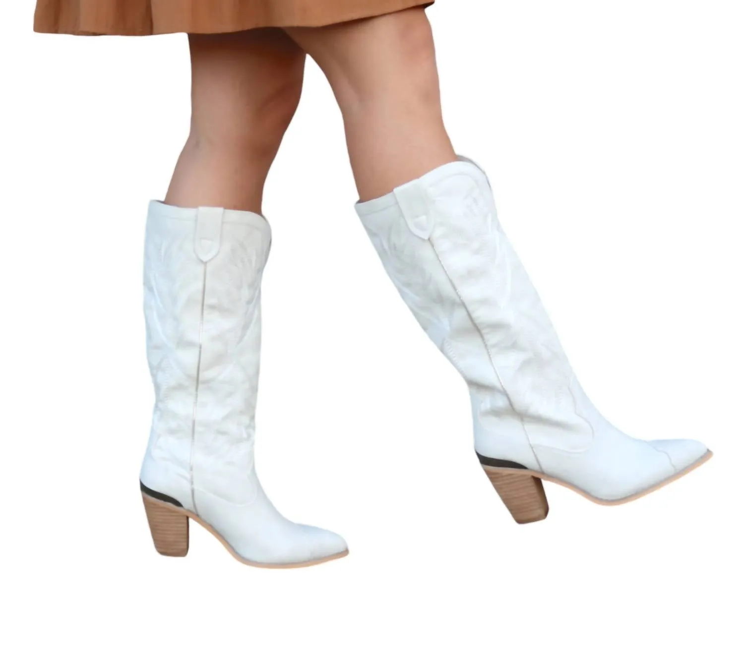 Prestone Faux Leather Embroidered Boots In Off White