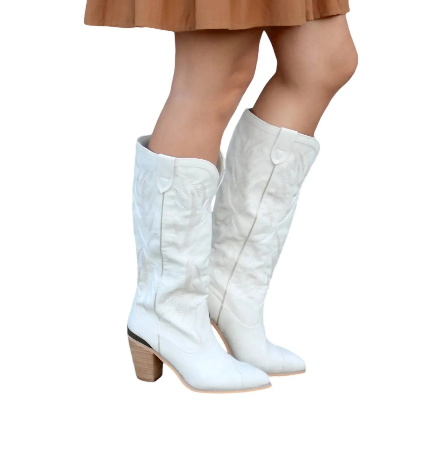 Prestone Faux Leather Embroidered Boots In Off White