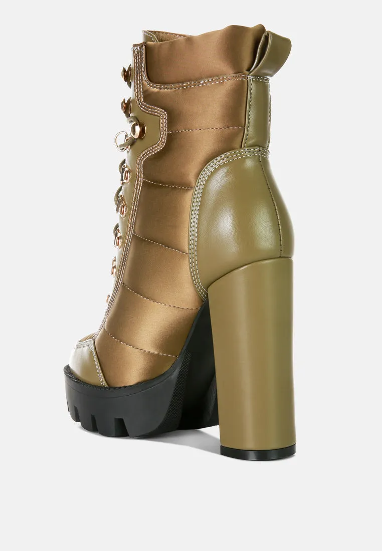 scotch high heel quilted satin biker boots