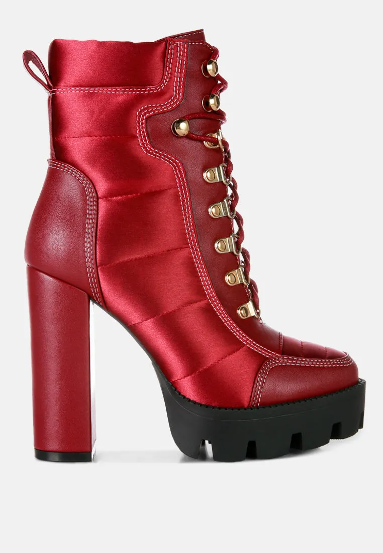 scotch high heel quilted satin biker boots