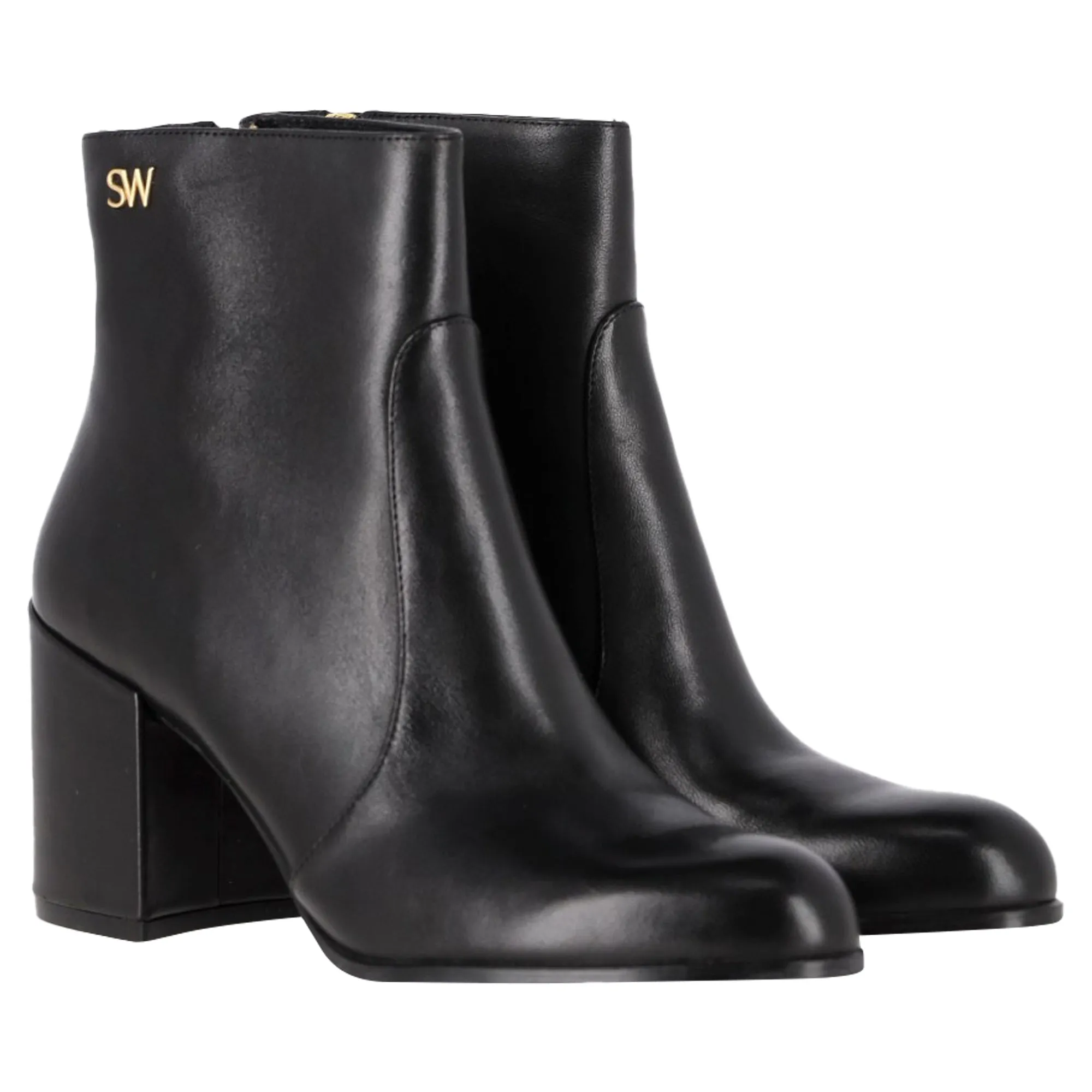Stuart Weitzman Quinn Block Heel Ankle Boots in Black Leather