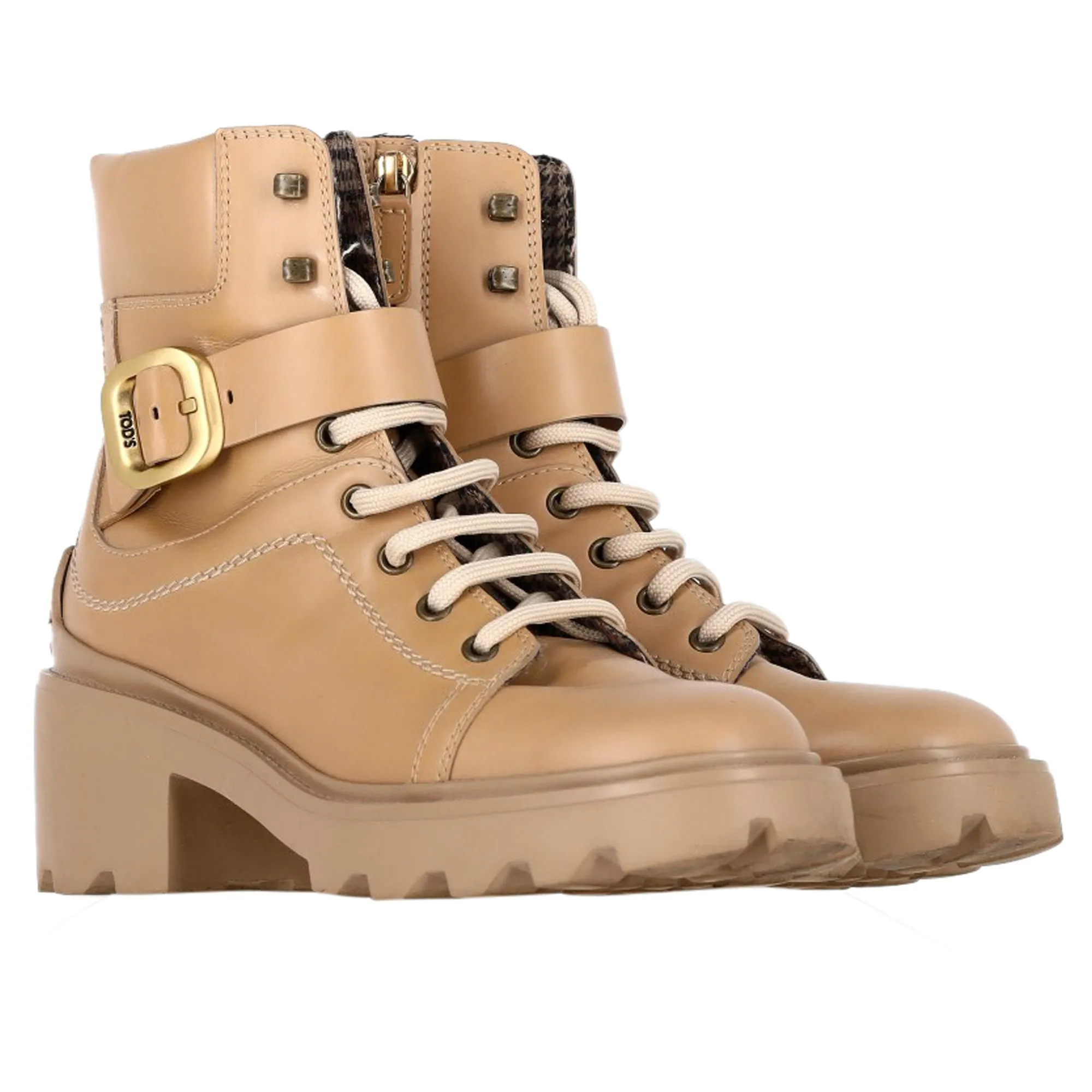 Tod's Buckled Lace-Up Heeled Combat Boots in Brown Calfskin Leather