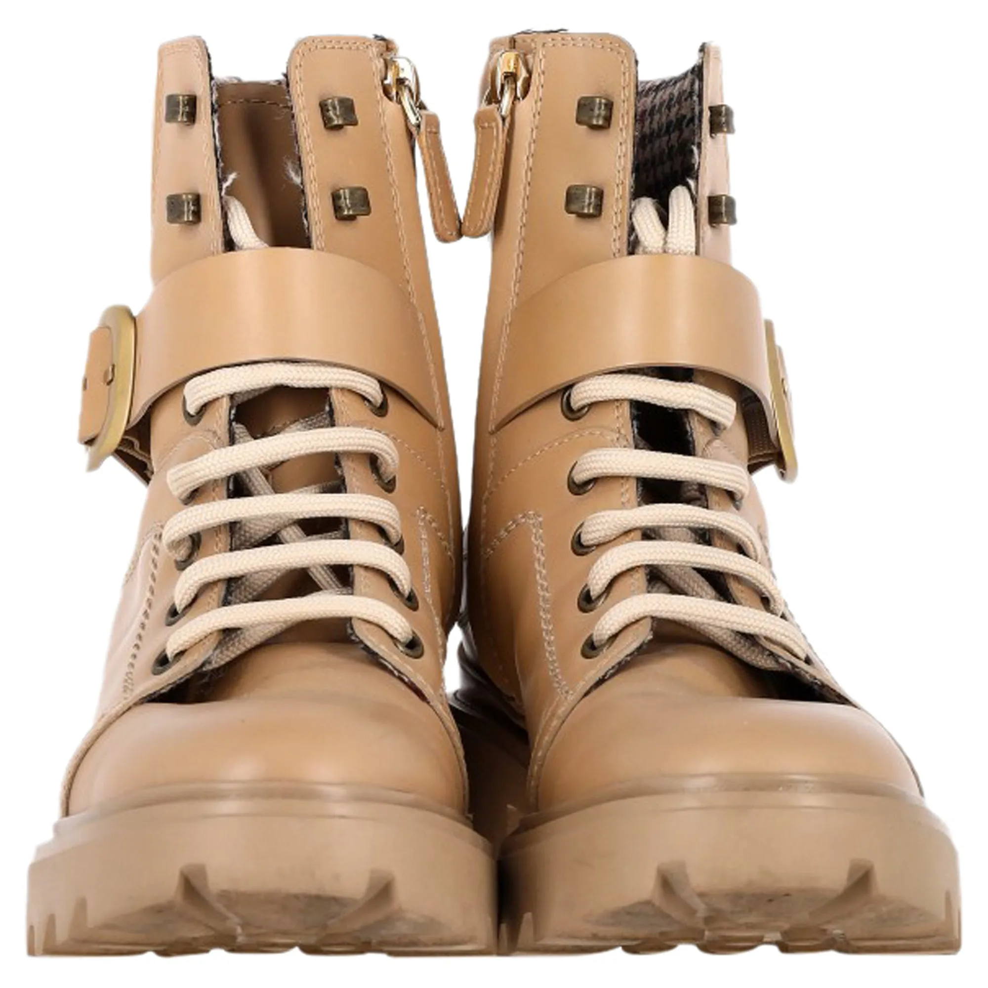 Tod's Buckled Lace-Up Heeled Combat Boots in Brown Calfskin Leather