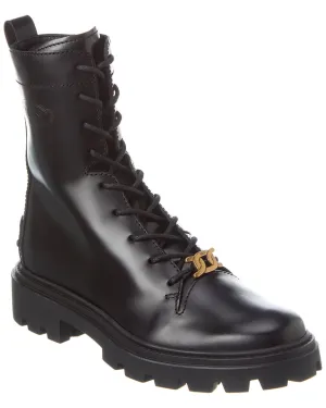 TODs Logo Leather Combat Boot