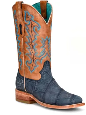 WomenS Alligator Square Toe Cowgirl Boots In Sand & Blue