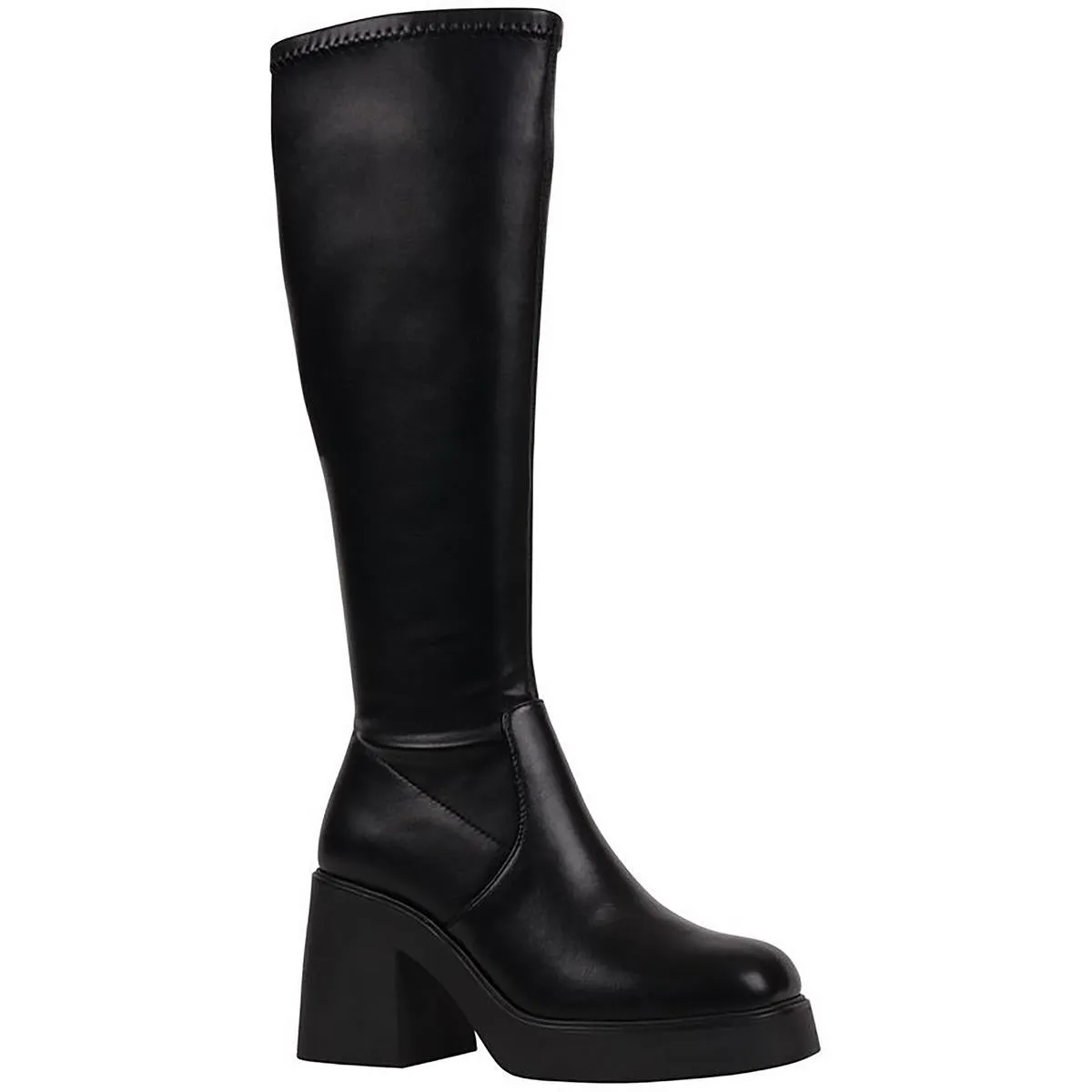 Womens Block Heel Faux Leather Knee-High Boots