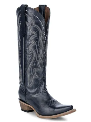 Women's Embroidered Tall Western Boots - Snip Toe In Dark Blue