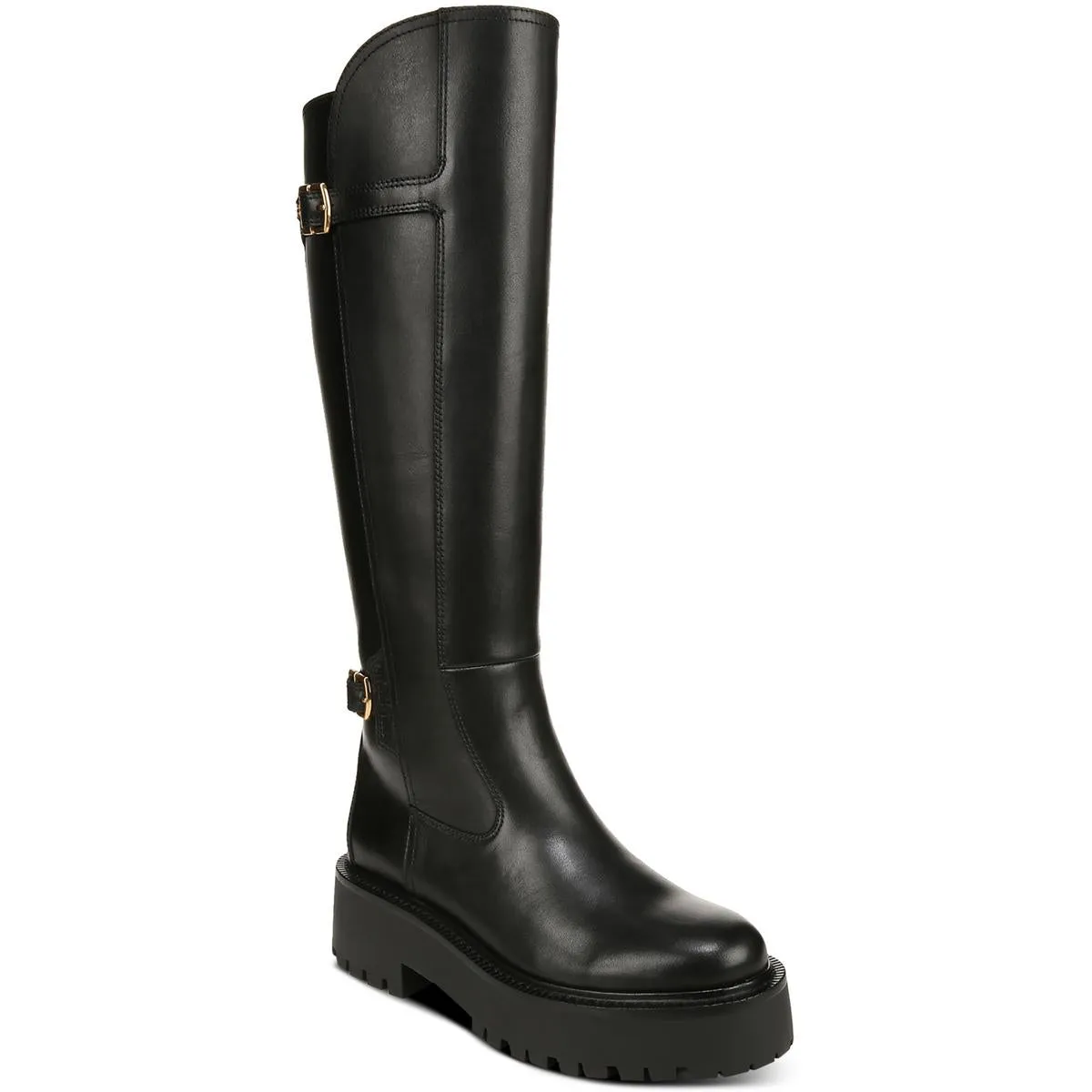 Womens Leather Block Heel Knee-High Boots