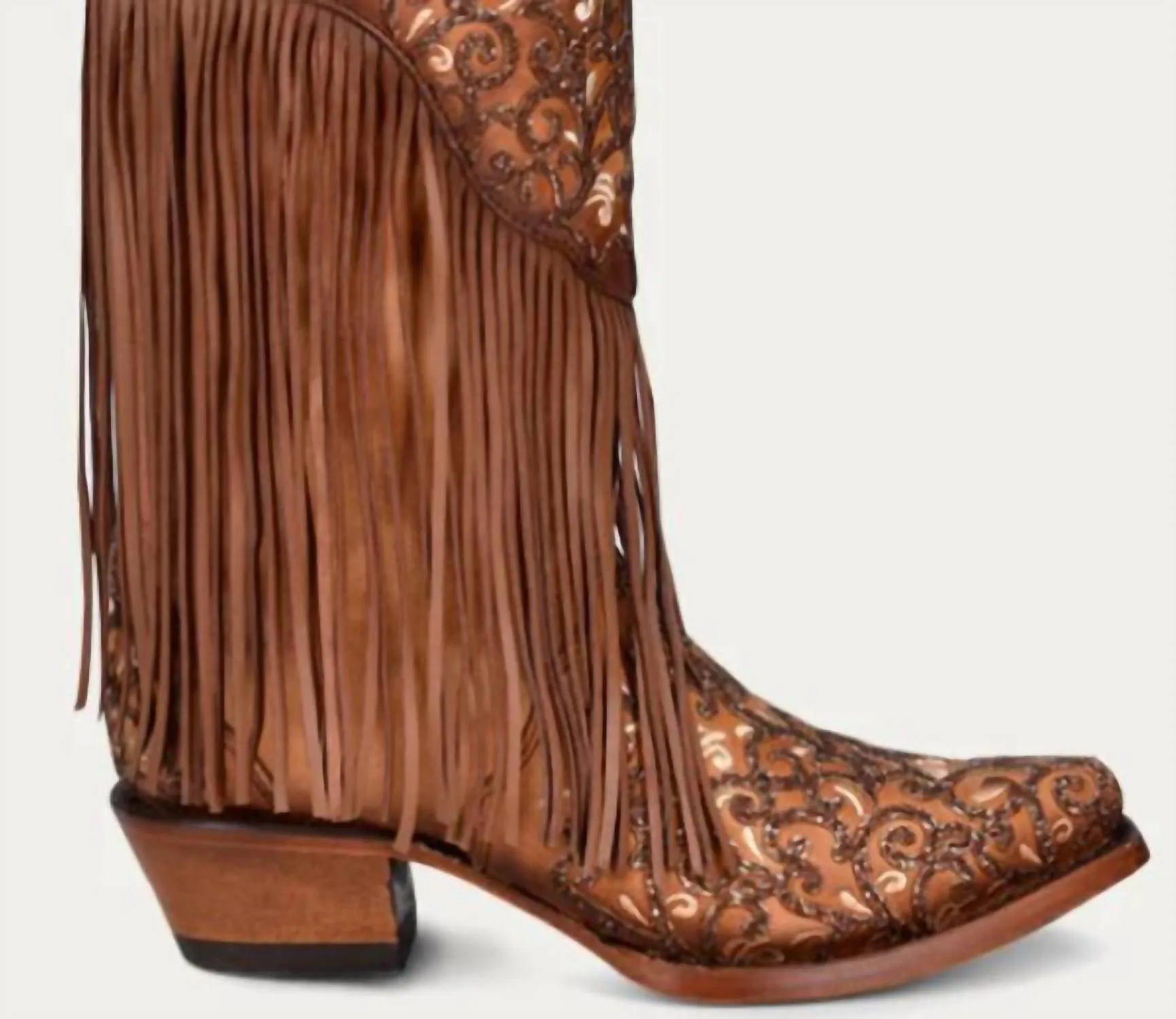 Women's Overlay White Embroidery Lamb Fringe Snip Toe Cowboy Boot In Honey